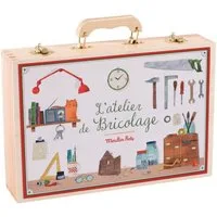 Moulin Roty Spielwerkzeugkoffer Kinder Werkzeugkasten ab 6 Jahren, 14-teilig, Holz & Stahl, Holzkoffer