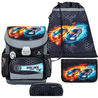Belmil Schulranzen Set MINI FIT 4tlg. für kleinere Kinder Race it (Motiv: Rennwagen)