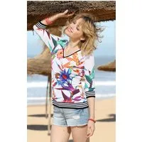 Passioni 3/4 Arm-Pullover mit 3/4-Ärmeln, tropischem Blumendruck und Streifenrand