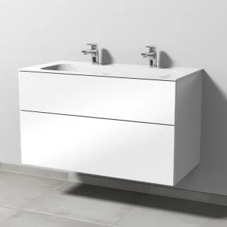 Sanipa 3way Keramik-Set Finion Keramik-Doppelwaschtisch und Unterbau mit 2 Auszügen, Weiß-Glanz SF40378