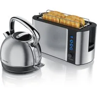Arendo Frühstücks-Set Edelstahl Wasserkocher 1,7l, 4-Scheiben Langschlitz Toaster, silber (2-tlg), Vintage Wasserkocher Temperatureinstellung, Toaster Brötchenaufsatz