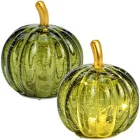 matches21 HOME & HOBBY Dekofigur LED Kürbis Set aus Glas Dunkelgrün, Herbstdeko in Ø 7 x 9 cm (2 St), Leuchtkürbis mit Timerfunktion 6/18h