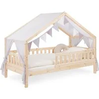 Ehrenkind Betthimmel für Panorama Hausbett Lille mit Wimpelkette (Hellgrau, passend für Panorama Hausbett Lille 90x200), halbtransparenter Stoff mit hoher Luftdurchlässigkeit