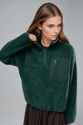 Reißverschluss-Kragen Plüsch-Strickpullover mit Tasche