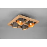 TRIO Leuchten Deckenleuchte Bell, ohne Leuchtmittel, Leuchtmittel wechselbar, Warmweiß, 4-flammig mit Schirmen in Glocken-Optik, Holz-Nickel-Antik-Kombination