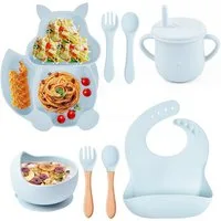 KINSI Kindergeschirr-Set Kindergeschirr-Set 8-teilig, Silikongeschirr, Eichhörnchen-Design, 1 Personen, rutschfestes, Löffel-, Gabel-, Schüssel-, Teller- und Besteckset
