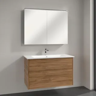 Villeroy & Boch Finero Badmöbel Set 100 cm, Kansas Oak Waschtisch mit Waschtischunterschrank und Spiegelschrank