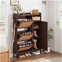 GarveeMore Schuhschrank aus Rattan mit 3 Klappschubladen und 4-stufiger Schuhschrank Schuhschrank mit verstellbaren Regalen für Eingang,Flur,Wohnzimmer