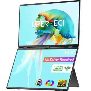 UPERFECT 15.6" Dual Portable Folding Monitor 1080P IPS 100% sRGB, Bult-in Adjustment Stand Speaker, HD USB-C Plug & Play