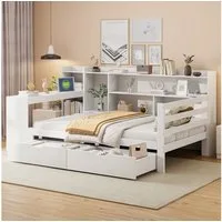 OKWISH Schlafsofa Tagesbett Jugendbett Kinderbett Daybett, Multifunktionales Schlafsofa aus Massivholz 90x200 cm mit Schreibtisch, Bücherregal und Steckdose, Ohne Matratze