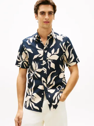 LINEN BLEND FLOWER PRT S/S Dark Night Navy - Gr. - S