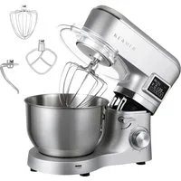 KLAMER Küchenmaschine 1400W, Knetmaschine mit 5,5 Liter Edelstahl Schüssel, 6 Geschwindigkeitsstufen mit Timer, Rührbesen, Knethaken, Schneebesen und Spritzschutz, silber, 1400 W, 5,5 l Schüssel, Spritzschutz, 3 Aufsätze, Saugfüße, digitales Display,