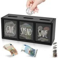 BlingBin Spardose 3 Fächer Geldmünze Sparsparschwein Holz Sparbox für Kinder, (1 Stück, 1-tlg., 25 x 8,7 x 10,8 cm), Give Spend Save Piggy Bank wandmontierte Kinderbank