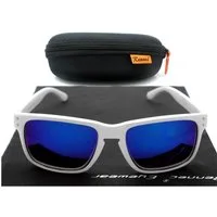 Rennec Sonnenbrille Herren Rechteckig Weiß Matt Gläser Blau Verspiegelt Markenbrille inkl. Hardcase, 3in2 stabile Bügelgelenke