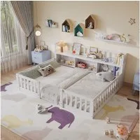 zebery Kinderbett Bodenbett Massivholzbett mit Sicherheitsgittern (Massivholz), Holzbett 140x200cm,Mit Bücherregal,Weiß
