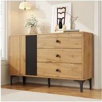 Merax Sideboard in Holzoptik mit schwarzen Streifen (1 St), Schrank Kommode Anrichte mit Tür,3 Schubladen & Metallfüße,120x35x76cm