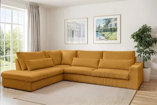 Ecksofa Designersofa THORA in Stoff Poso Honiggelb Ottomane Links