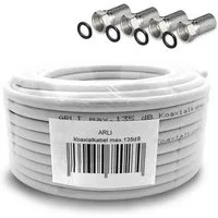 ARLI 15m ARLI Koaxialkabel max. 135dB + 4x F-Stecker TV-Kabel, F Stecker, mit breiter Mutter und Dichtring (1500 cm), 15 m TV Sat Koax Antennen Kabel 5-fach geschirmt Verlegekabel Set
