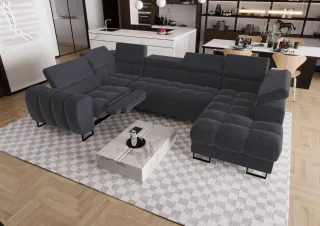 Wohnlandschaft Schlafsofa BASTIEN RELAX in Stoff Terra Graphit Ottomane Rechts