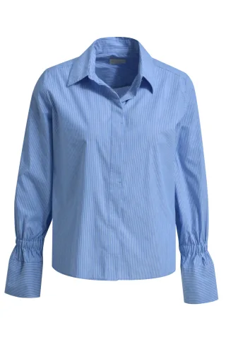 Milano Italy - shirt blouse w/ elastic gathering above cuffs 1/1 sleeve blue print - Gr. - 44