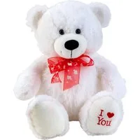 Geschenkestadl Kuscheltier Süßer Teddybär mit roter Schleife & „I love you“ – Weiß – 50 cm (Bär mit roter Schleifer), rote Schleife mit Herzen, bestickte Pfote mit I love you