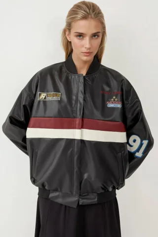 Faux-Leder Oversized Bomberjacke mit Patch-Details