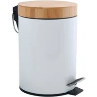 MSV Kosmetikeimer AZA, Edelstahl Treteimer, Deckel aus Bambus, mit Softclose-Absenkautomatik, 3L, weiß