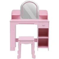 GarveeMore Schminktisch Kinder Set mit LED-Spiegel & Hocker,Holz Frisiertisch mit Schublade, Bücherregal&offenen Ablagen – 3 Lichtmodi Für Schlafzimmer&Spielzimmer