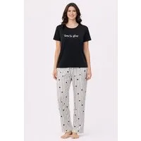 fashionshowcase Pyjama Damen Hausanzug - Schlafanzug mit T-Shirt & langer Hose, 3 Designs (2 tlg., 2-teiliges Set) Print auf dem Oberteil, gestreifte oder gemusterte Hose