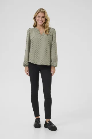 Langarm-Bluse Regular fit Vetiver w. Deep Black Dot green