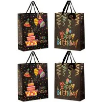 meberg Geschenktüten 4er Set Happy Birthday modern Schwarz Glitzer, (4St), Papier Folie Geschenktasche