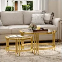HAUSS SPOLE Couchtisch 2er Goldener Kaffeetisch Glasplatte, Nestingtische mit Metallgestell (2er Satztisch Wohnzimmertisch-Set mit Glasplatte im Glamour-Stil, 2 runde Tische), Ø80×H45 & Ø60×H35,Hochtransparente Glasplatte