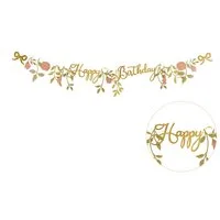 partydeco Girlande, Happy Birthday Girlande 130x18cm Blumen Banner Gold / Rosa