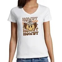 MyDesign24 T-Shirt Damen Smiley Print Shirt - Lächelndes Cowboy Gesicht V-Ausschnitt Baumwollshirt mit Aufdruck Slim Fit i289