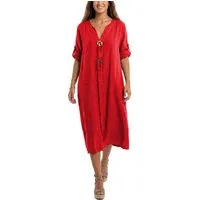 dy_mode Hemdblusenkleid Damen Leinenkleid Midi Hemdblusenkleid mit V-Ausschnitt Freizeitkleid in Unifarbe, V-Ausschnitt, mit seitlichen Eingriffstaschen
