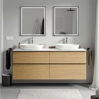 Bernstein Waschbeckenunterschrank LAVOA 160cm Eiche honiggold PLATTE Weiß matt GRIFF Chrom Waschtischunterschrank mit Waschtischplatte 4 Schubladen