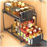 BlingBin Küchenorganizer-Set 2 Etagen Teleskopschublade aus Metall, Ausziehbarer Küchenregal, (1er Set, 1-tlg., Abmessungen: 36 × 32 × 19 cm), Ausziehbarer Kohlenstoffstahl Gewürzregal für Küche Badezimmer,Schwarz