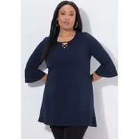 Ulla Popken Longshirt Longshirt Zierbänder A-Linie Tunika-Ausschnitt