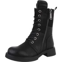 Ital-Design Modischer Damen-Boot mit Reißverschluss und Schnürung Schnürstiefelette (90515097) Blockabsatz Schnürstiefeletten in Schwarz