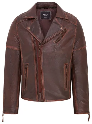 Braune Brando-Leder-Bikerjacke mit doppeltem Kreuzreißverschluss für Herren – Fagernes