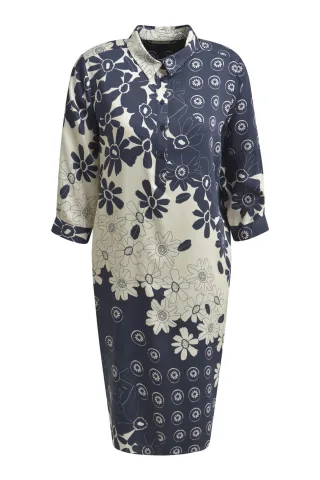 Milano Italy - Dress with collar, half placket, 3/4 sleeves w cuffs navy print - Gr. - 44