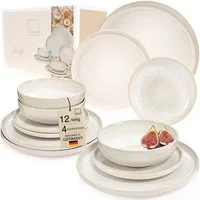 SÄNGER Geschirr-Set Korfu Geschirrset (12, 16, 24, 36 Teile) (12-tlg), 4 Personen, Steingut, Creme Beige, Handmade Premium Collection