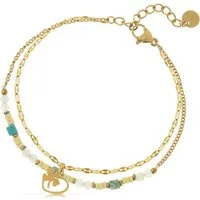 Made by Nami Armband Set Zweireihiges Damen Armband goldfarben Perlen Anhänger verstellbar, mit Anhängern – layered Design – mit Verlängerung - aus Edelstahl