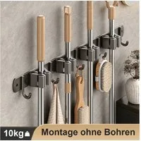 ANYSUN Wandhaken Besenhalterung Wand mit 4 Halter und 5 Haken Gartengerätehalter, Besen, Mopp, Badezimmer, ohne Bohren und Bohren Wand Gerätehalter, Wandhalter
