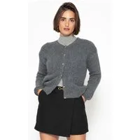 SASSYCLASSY Cardigan Weicher Strickcardigan mit Zierknöpfen für Damen Flauschige Strickjacke mit Rundhalsuasschnitt Flieder Grau Violett