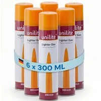 Unilite Gaskartusche Feuerzeuggas mit 6 Adaptern, Nachfüllgas für Feuerzeuge, 6 St., 6 x 300ml Set, Küchenbrenner, Flammbierer, Stabfeuerzeuge