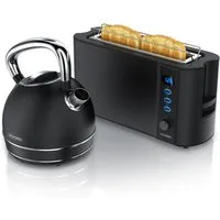 Arendo Frühstücks-Set Edelstahl Wasserkocher 1,7l, 2-Scheiben Langschlitz Toaster, schwarz (2-tlg), Frühstücksset, Wasserkocher Retro, 2200W, Toaster Brötchenaufsatz