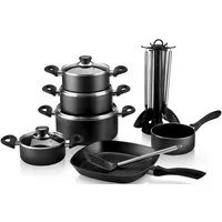 Krüger Topf-Set Aluguss Topf- und Pfannenset inkl. praktischen Küchenhelfern, 17 tlg., Aluminiumguss (Set, 17-tlg., Fleischtopf 16/18/20/24cm, Stieltopf 16cm Steakpfanne 7 T.Küchenhelfer), inkl. 7-tlg. Küchenhelfer-Set