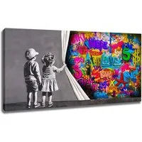 Leinwando Leinwandbild Gemälde Banksy 2 Kinder hinter Vorhang - Strong Border / zum aufhängen