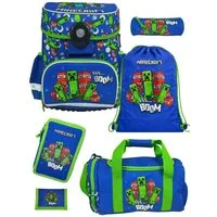 Familando Schulranzen Minecraft 1.-4. Klasse ergonomisch, geräumig, Volumen 18 Liter (Set, 6-tlg., inkl. Federmäppchen und Sporttasche), MINECRAFT Motiv blau